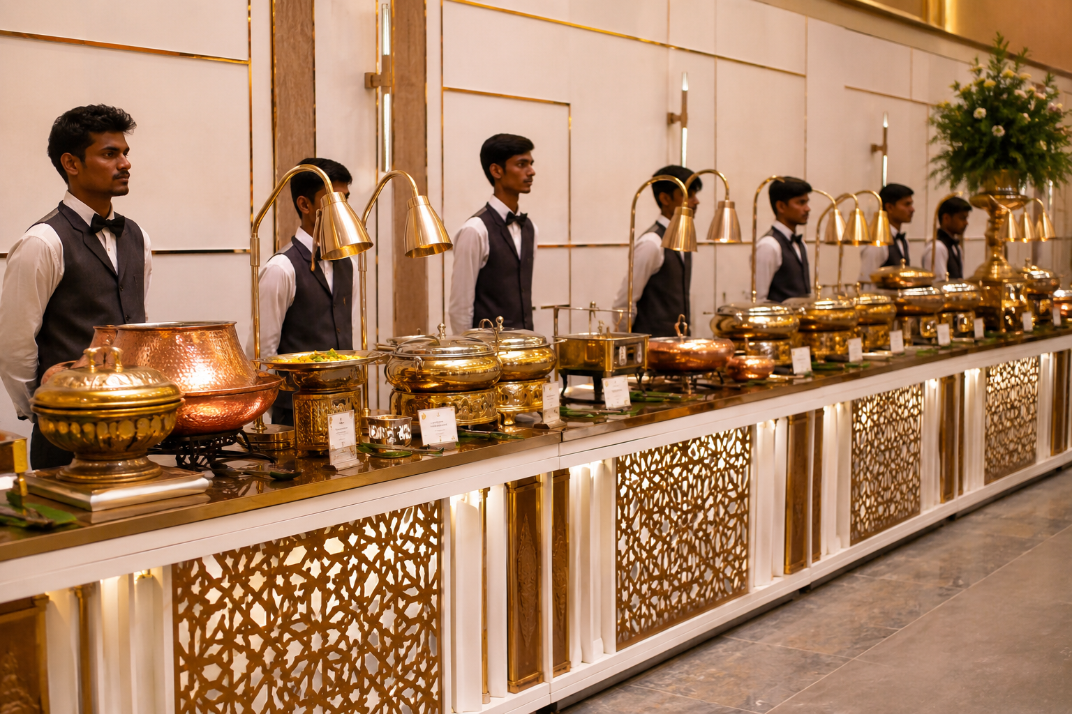 Royal gold wedding buffet counter with uniformed staff