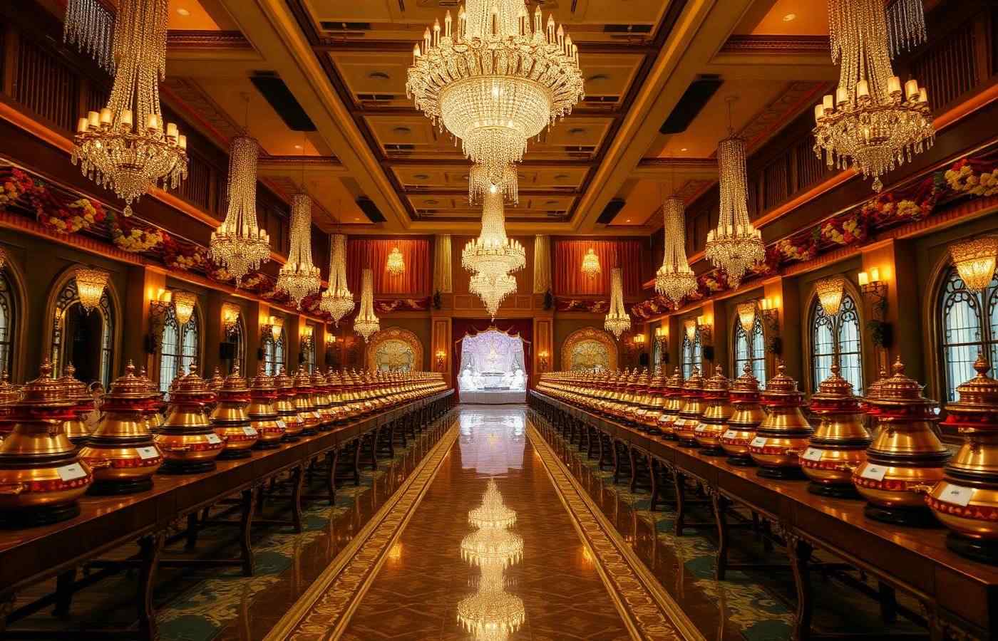 Grand catering setup with chandeliers and copper vessels