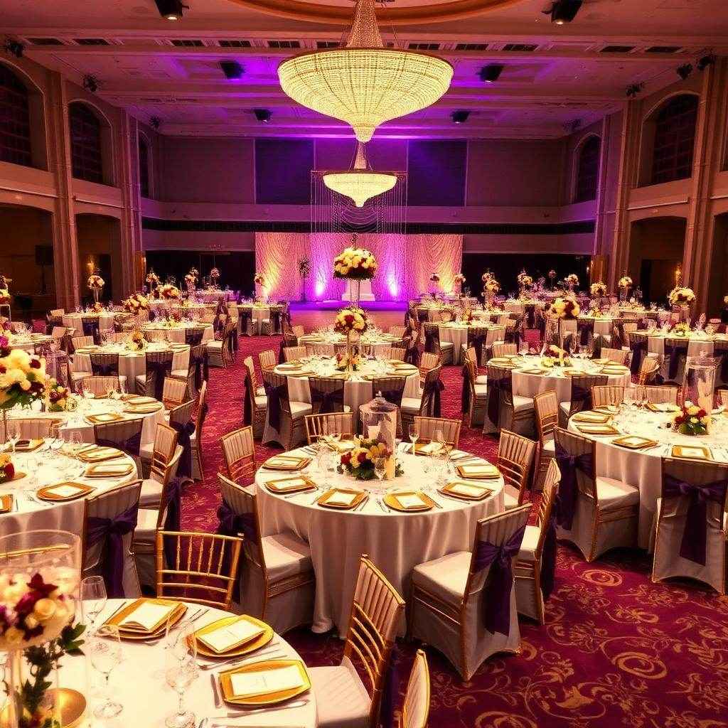 Grand wedding reception dining hall setup